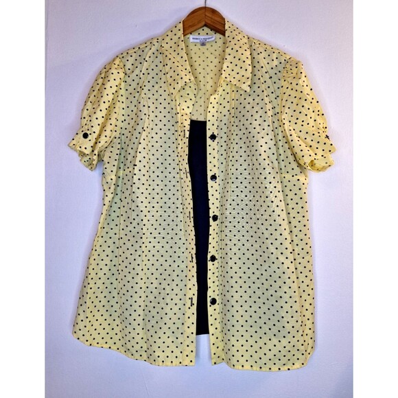 REBECCA MALONE Butter Yellow Polka Dot Button Up Shirt w/Cami Women's Sz 2x Vtg - Picture 1 of 9